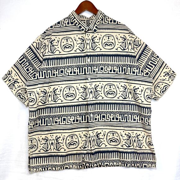 Vintage J Peterman Co XL Handmade Batik Shirt Aztec Reverse Print Summer Resort - Picture 1 of 9